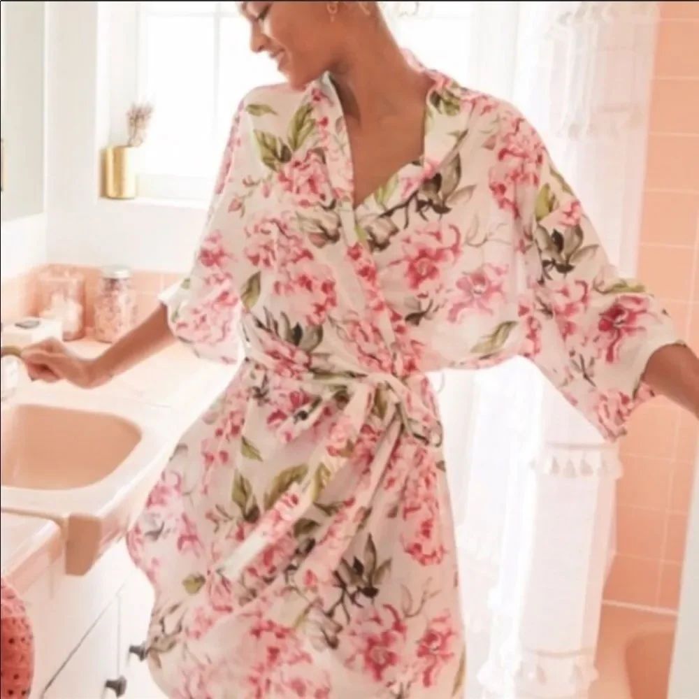 SHOW ME YOUR MUMU | Floral Robe Pink Tie Waist Women’s One Size Fits Most